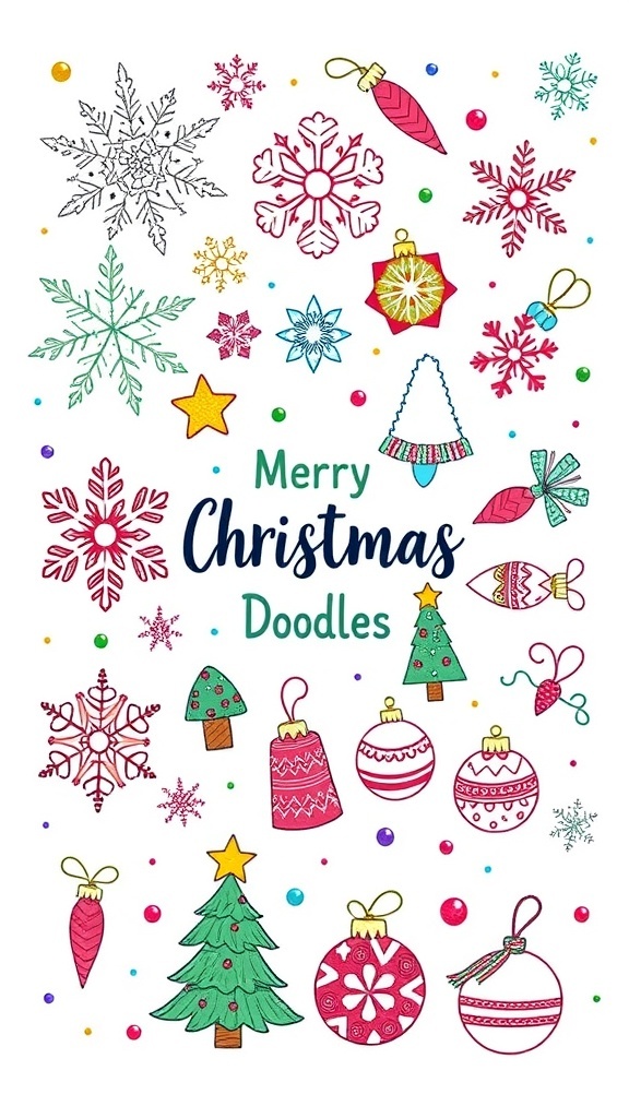 Colorful hand-drawn Christmas doodles including snowflakes, trees, and ornaments on a festive background.